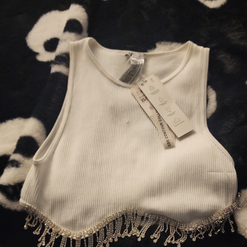 Zara White Crop Top with Beaded Fringe